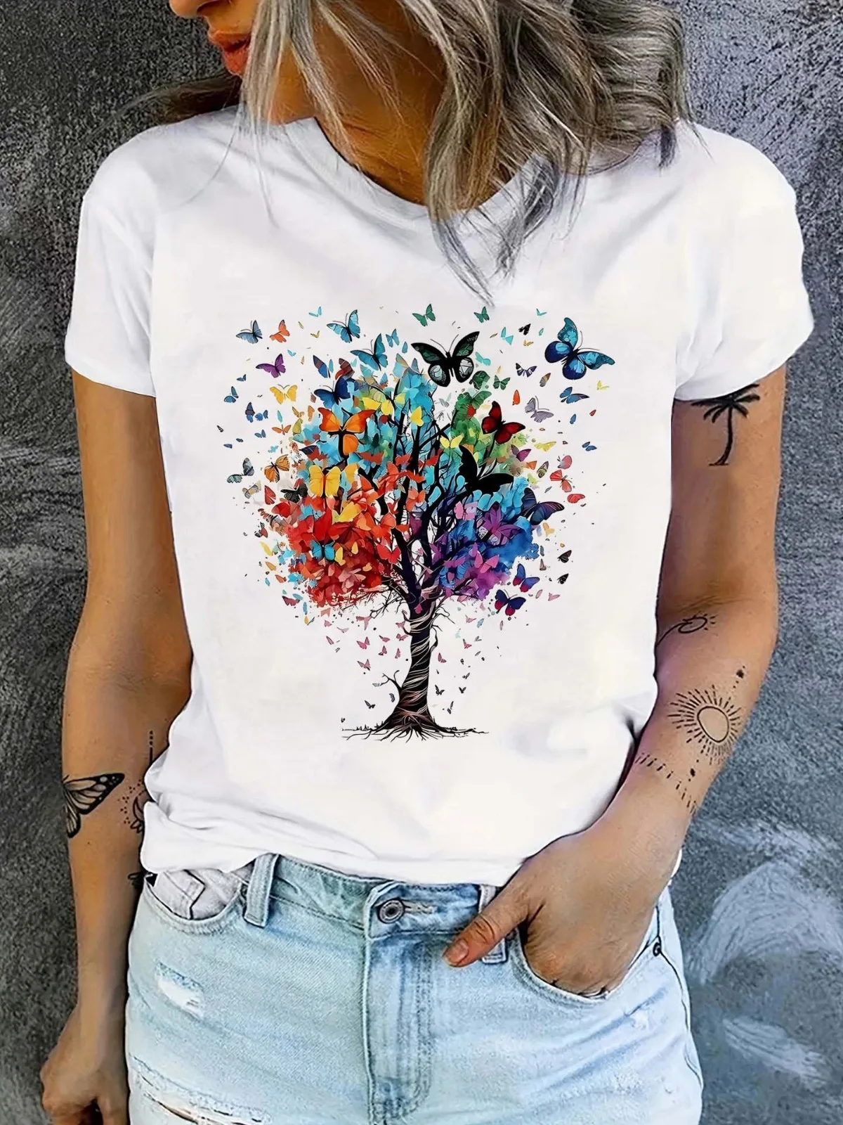 Women's Casual Cotton Fashion Butterfly Letter Pattern Printed Round Neck Short Sleeved T-shirt Suitable for Party Gift Tops
Women's Casual Cotton Fashion Butterfly Letter Pattern Printed Round Neck Short Sleeved T-shirt Suitable for Party Gift Tops