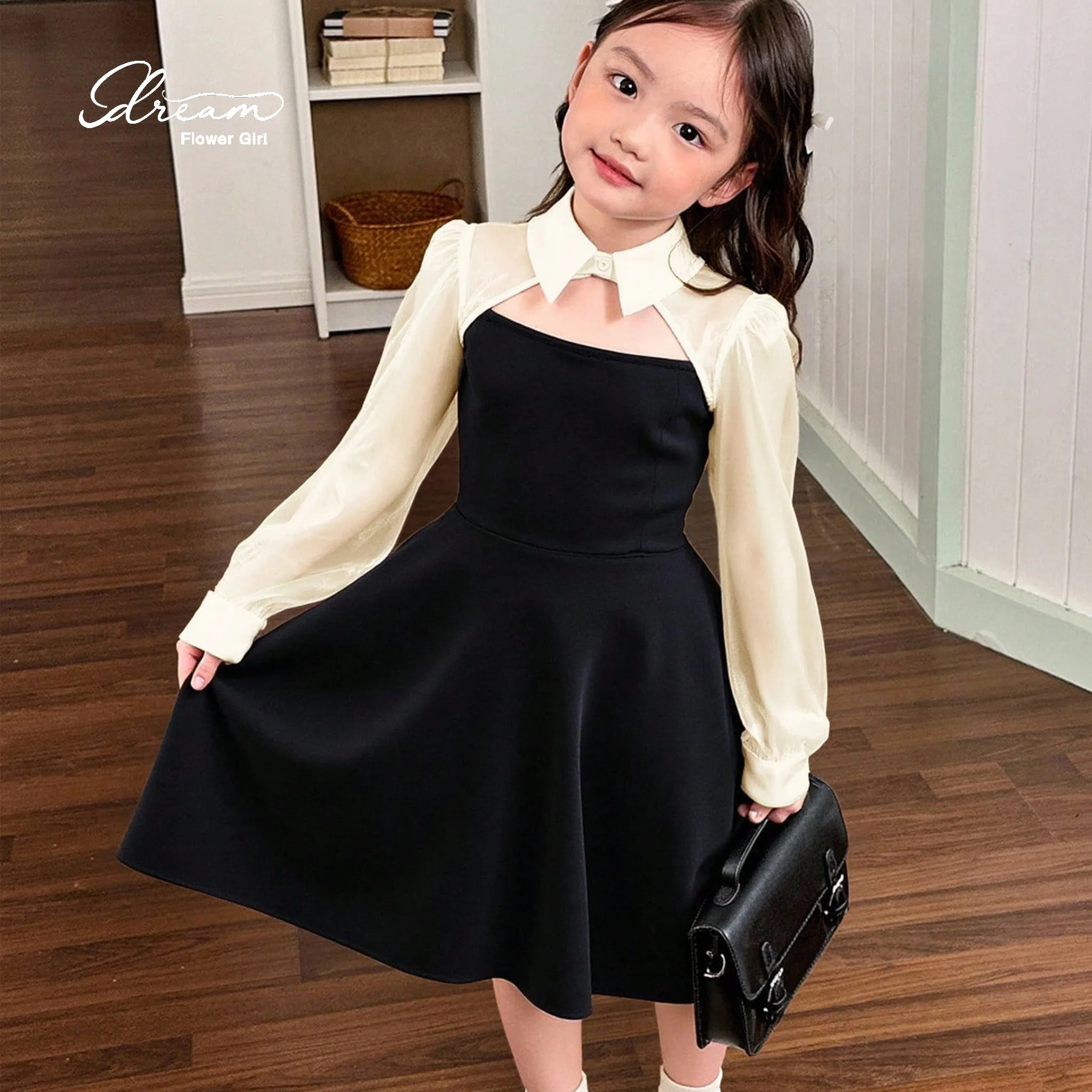 Girls' formal long-sleeved knee-length dress featuring a black flat collar and bodice spliced with off-white long sleeves
Girls' formal long-sleeved knee-length dress featuring a black flat collar and bodice spliced with off-white long sleeves