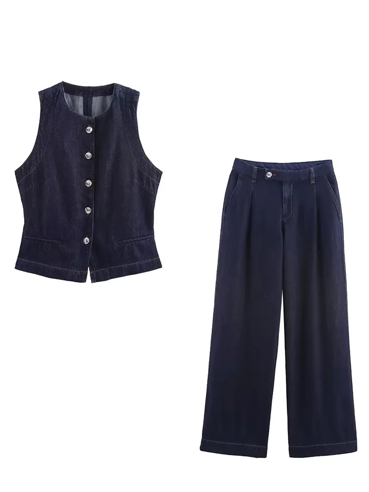 HH летний женский однотонный джинсовый комплект из 2 предметов, шикарный однобортный топ без рукавов с круглым вырезом, жилет + широкие брюки с карманами в середине талии
HH летний женский однотонный джинсовый комплект из 2 предметов, шикарный однобортный топ без рукавов с круглым вырезом, жилет + широкие брюки с карманами в середине талии