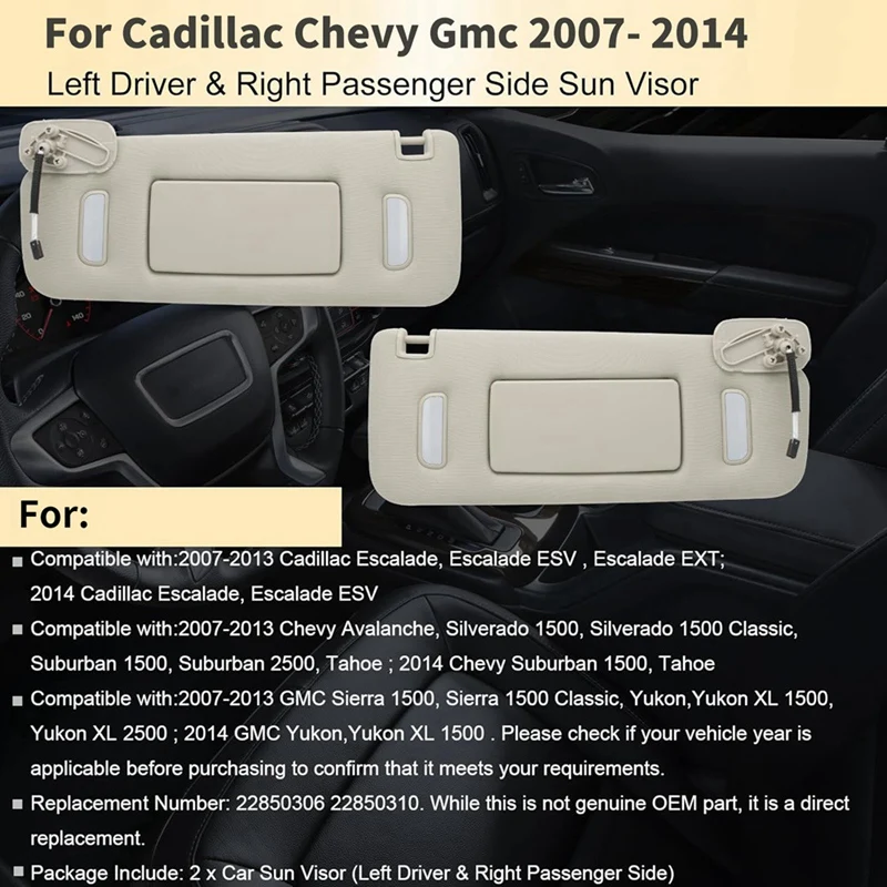 Car Left Driver & Right Passenger Sun Visor For Cadillac Chevy Gmc 2007-2014 Sun Visor 22850306 22850310 Replacement Accessories
Car Left Driver & Right Passenger Sun Visor For Cadillac Chevy Gmc 2007-2014 Sun Visor 22850306 22850310 Replacement Accessories