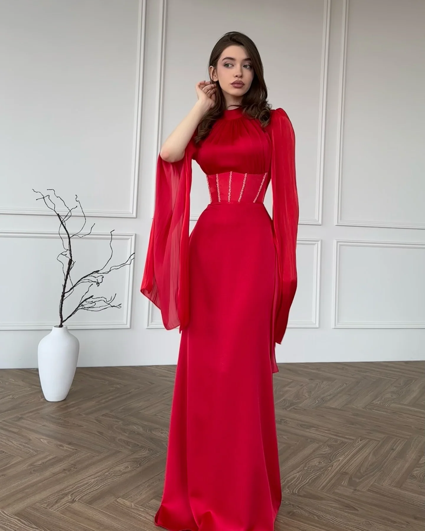 Customized High Quality Satin Straight Evening Dresses Half Sleeves High Collar Red Panel Train Homecoming Dress Graceful
Customized High Quality Satin Straight Evening Dresses Half Sleeves High Collar Red Panel Train Homecoming Dress Graceful