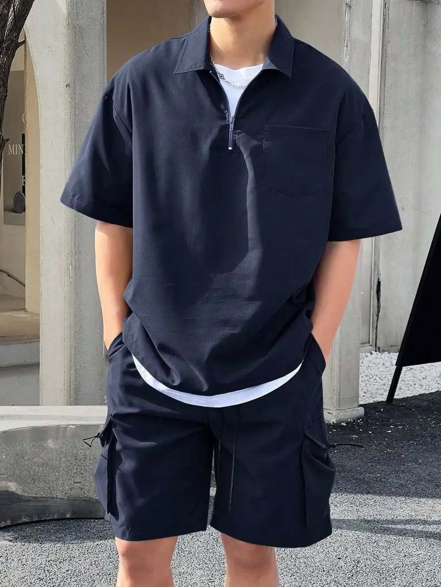 Blue Short Sleeve Zip-Neck Shirt With Cargo Shorts Two Piece Casual Summer Set For Men
Blue Short Sleeve Zip-Neck Shirt With Cargo Shorts Two Piece Casual Summer Set For Men
