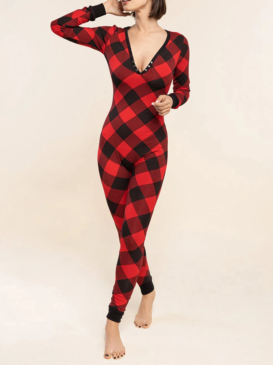 Women's Christmas Pajamas Jumpsuit Plaid/Reindeer Print Long Sleeved V-Neck Slim Fit Romper
Women's Christmas Pajamas Jumpsuit Plaid/Reindeer Print Long Sleeved V-Neck Slim Fit Romper