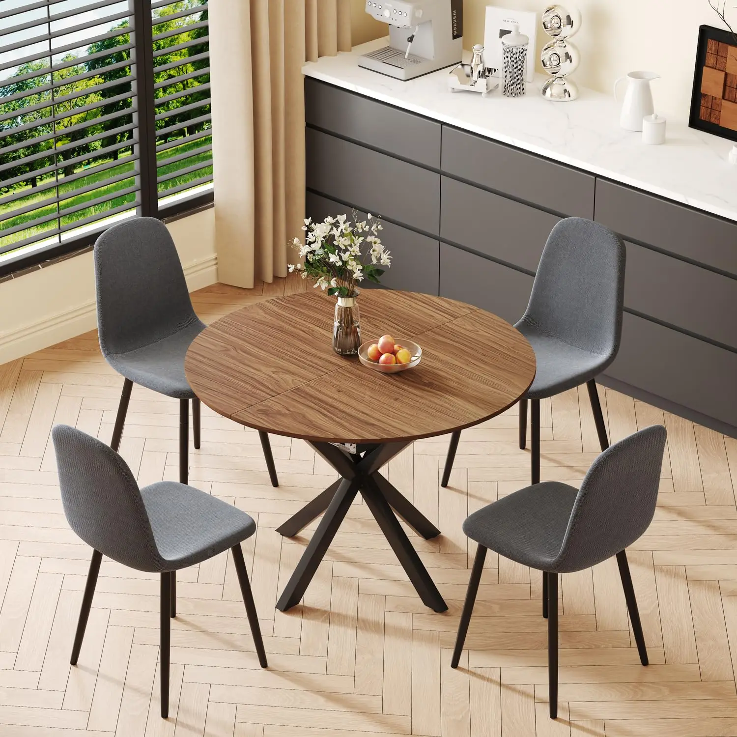 Выдвижной круглый обеденный стол на 4 человека, набор обеденных столов 43-59 дюймов, стол из зерна орехового дерева и 4 темно-серого льняных обивки
Выдвижной круглый обеденный стол на 4 человека, набор обеденных столов 43-59 дюймов, стол из зерна орехового дерева и 4 темно-серого льняных обивки