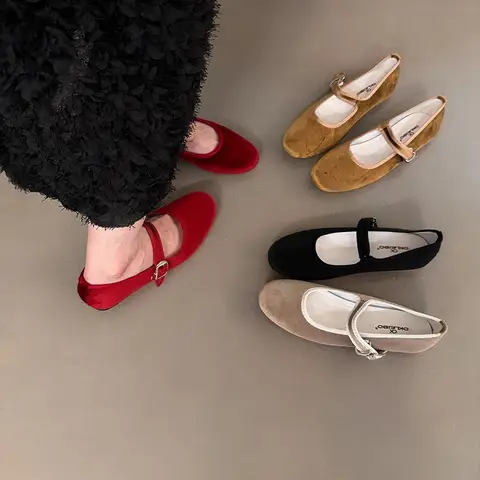Rood fluwelen ballet flats schoenen dames gesp ronde neus ballerina's zapatos mujer Mary Janes schoenen