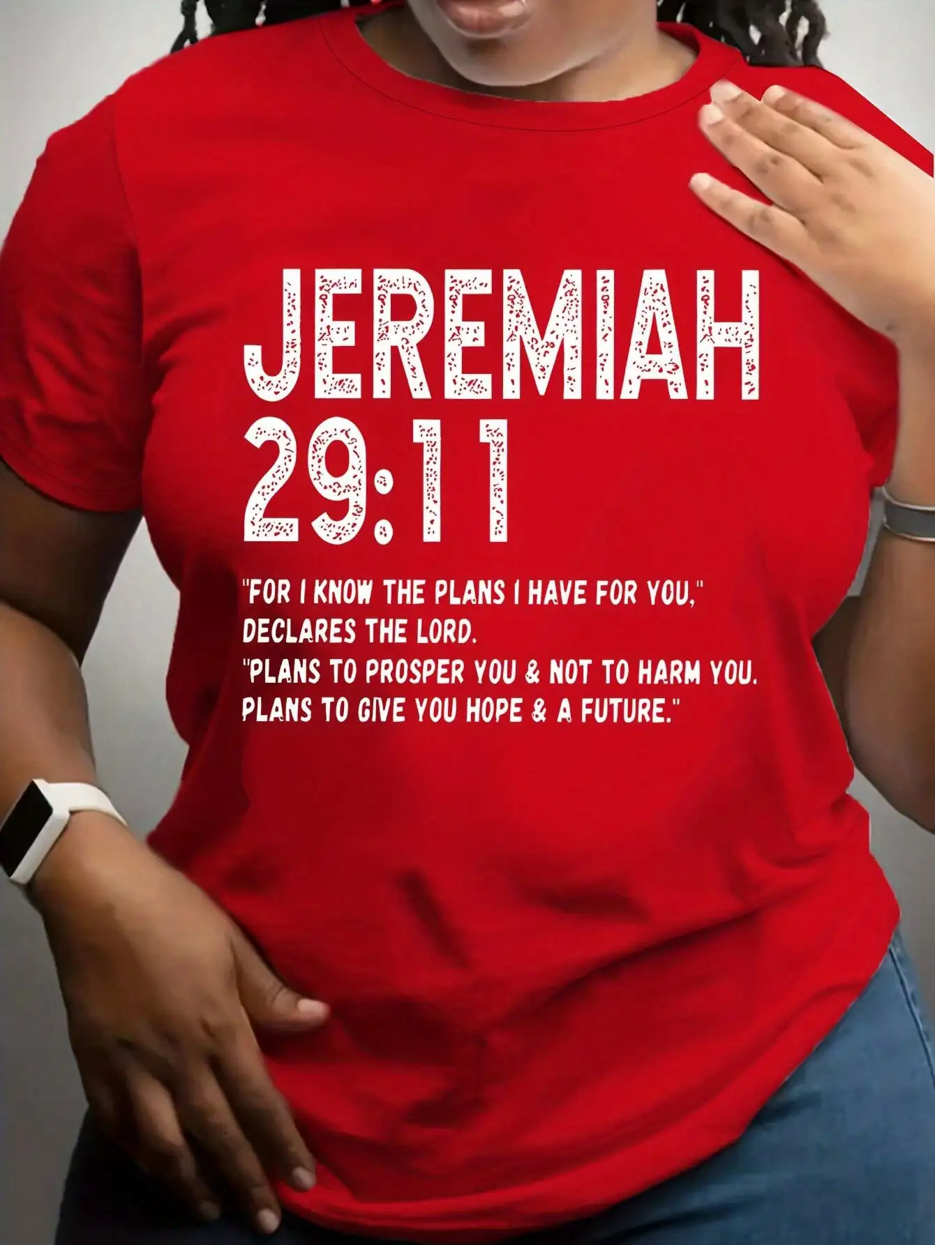 Женская футболка больших размеров с надписью «Иеремия 29:11» из Библии, повседневная футболка с круглым вырезом, мягкая и дышащая, для всех сезонов
Женская футболка больших размеров с надписью «Иеремия 29:11» из Библии, повседневная футболка с круглым вырезом, мягкая и дышащая, для всех сезонов