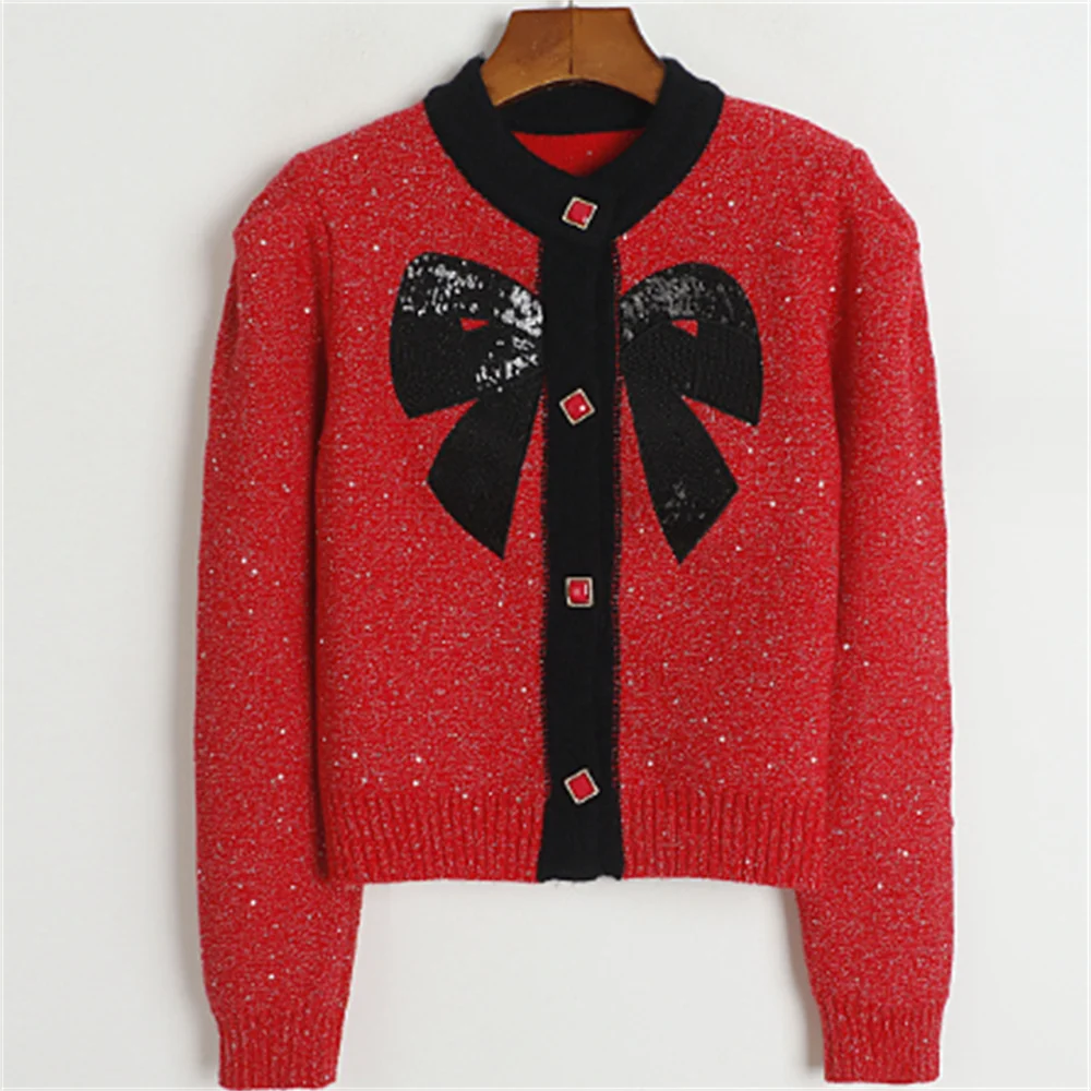 Sequin bow color round neck sweater women's autumn winter and spring new college bubble sleeve knitting top
Sequin bow color round neck sweater women's autumn winter and spring new college bubble sleeve knitting top