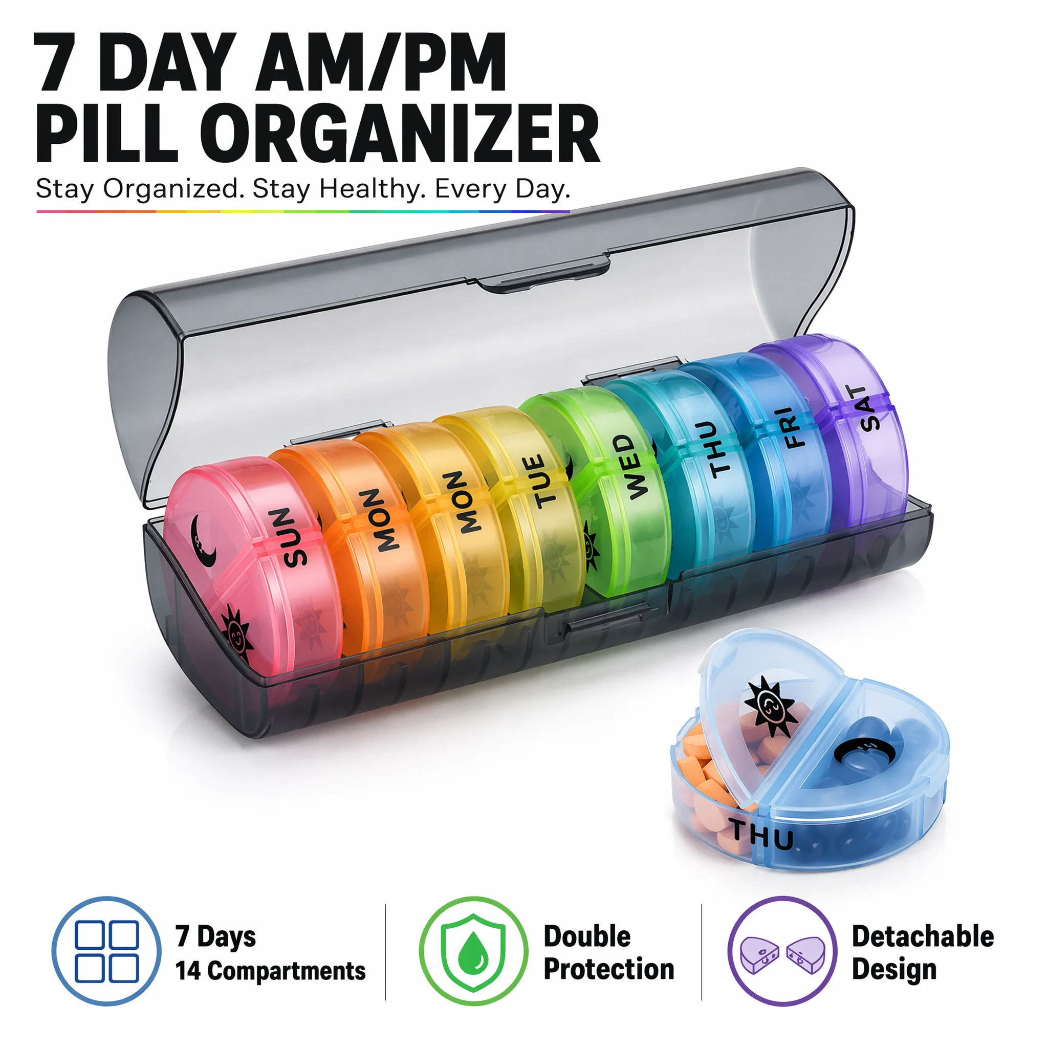 7 Day Weekly Pill Organizer AM/PM Waterproof Leakproof Portable Travel Medicine Storage Box Pill Case Tablet Dispenser
7 Day Weekly Pill Organizer AM/PM Waterproof Leakproof Portable Travel Medicine Storage Box Pill Case Tablet Dispenser