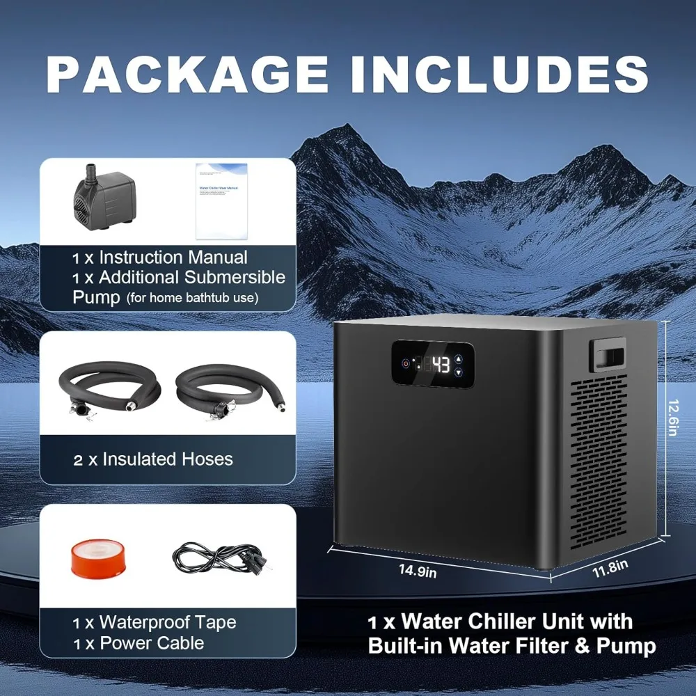 Ice Bath Water Chiller for Cold Plunge Tubs – 1/3HP Upgraded Chiller with Built-in Pump, Filter & Submersible Pump
Ice Bath Water Chiller for Cold Plunge Tubs – 1/3HP Upgraded Chiller with Built-in Pump, Filter & Submersible Pump