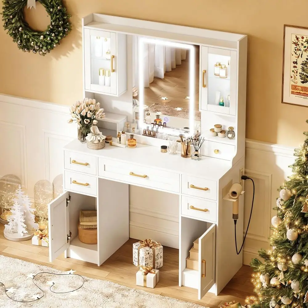 White Vanity Desk with Mirror, Lights, Glass Cabinets, Adjustable Lighting, Makeup Table for Girls' Bedroom
White Vanity Desk with Mirror, Lights, Glass Cabinets, Adjustable Lighting, Makeup Table for Girls' Bedroom