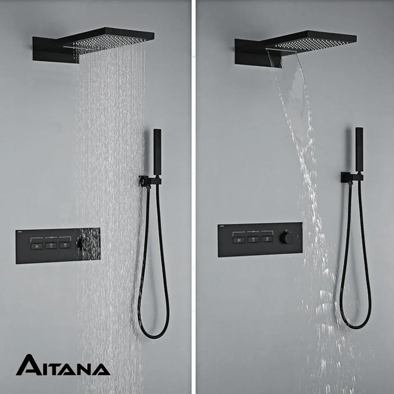 High-end simple black brass shower faucet key switch wall-mounted design three-function waterfall water outlet shower system
High-end simple black brass shower faucet key switch wall-mounted design three-function waterfall water outlet shower system