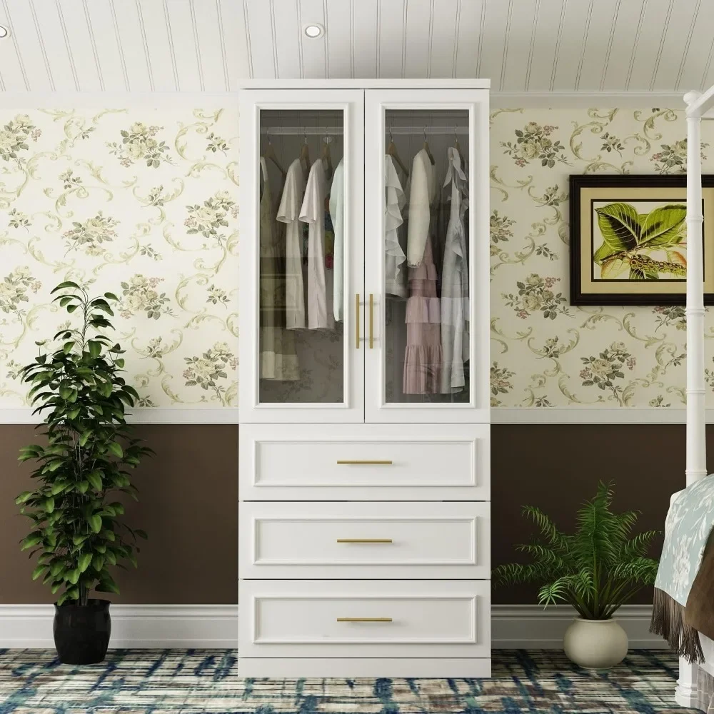 Modern Wardrobe Cabinet, 2 Glass Doors and 3 Drawers, Armoire Closet with Gold Handles,Hanging Rod
Modern Wardrobe Cabinet, 2 Glass Doors and 3 Drawers, Armoire Closet with Gold Handles,Hanging Rod