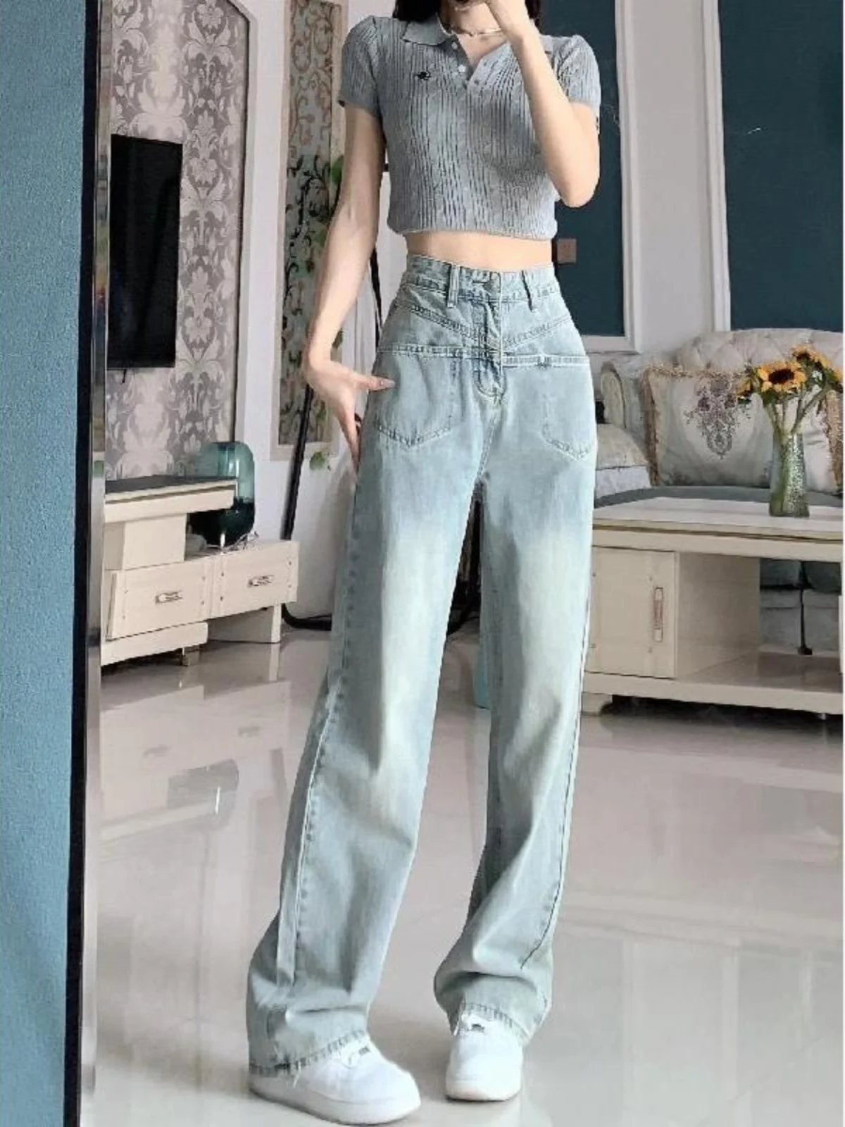 Свободные джинсы с высокой талией, прямые джинсы, женские голубые джинсовые брюки, осенние новые повседневные универсальные длинные брюки
Свободные джинсы с высокой талией, прямые джинсы, женские голубые джинсовые брюки, осенние новые повседневные универсальные длинные брюки
