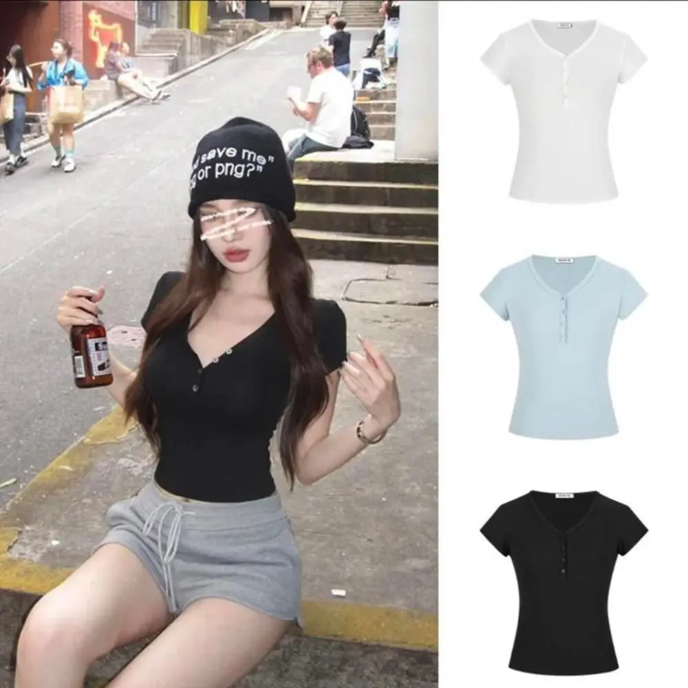 Retro V-neck Short-sleeved T-shirt Front Button Sexy Slim-fit Blouse Pure Cotton Crop T-shirt Women Clothing
Retro V-neck Short-sleeved T-shirt Front Button Sexy Slim-fit Blouse Pure Cotton Crop T-shirt Women Clothing