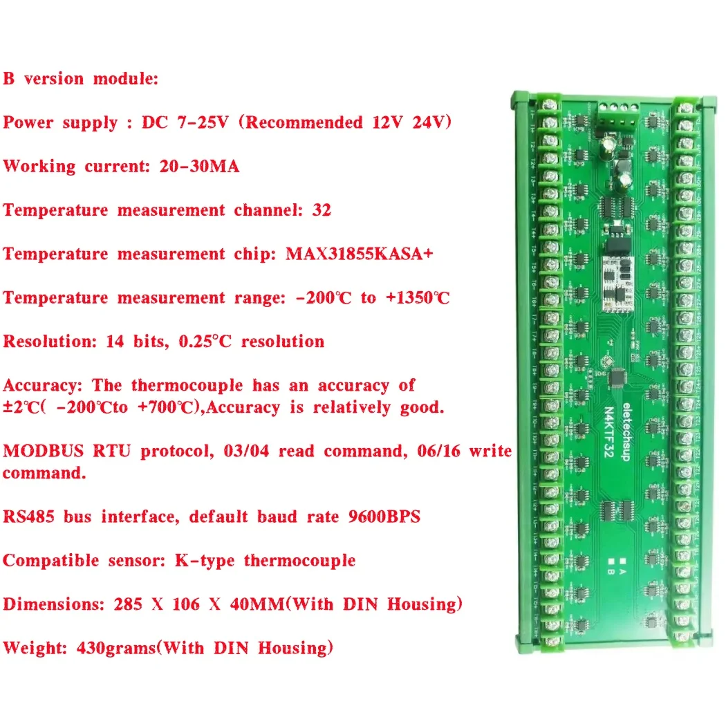 Thermocouple-to-Digital Converter 32CH K Thermocouple -200-1350C Ultra-wide Temperature Collector RS485 Analog Remote IO Board
Thermocouple-to-Digital Converter 32CH K Thermocouple -200-1350C Ultra-wide Temperature Collector RS485 Analog Remote IO Board