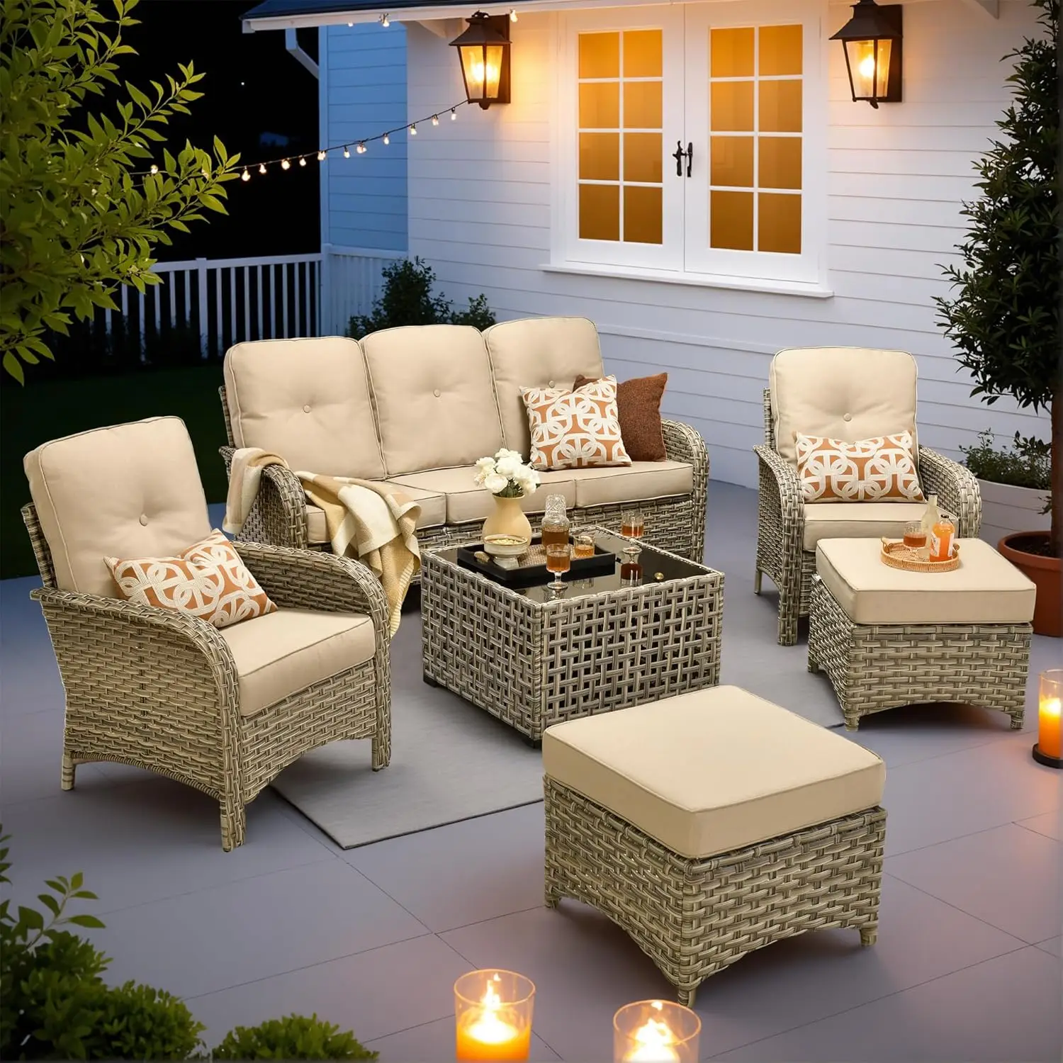 6pc Outdoor Patio Set Light-Up Coffee Table All-Weather Wicker Rattan Sofa Chair Ottoman Porch Deck Yard, Customized
6pc Outdoor Patio Set Light-Up Coffee Table All-Weather Wicker Rattan Sofa Chair Ottoman Porch Deck Yard, Customized