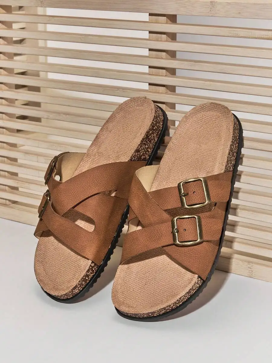 Double Buckle Cross Strap Sandals, Cork Footbed Tan Faux Leather Minimal Supportive Casual Wear For Men
Double Buckle Cross Strap Sandals, Cork Footbed Tan Faux Leather Minimal Supportive Casual Wear For Men