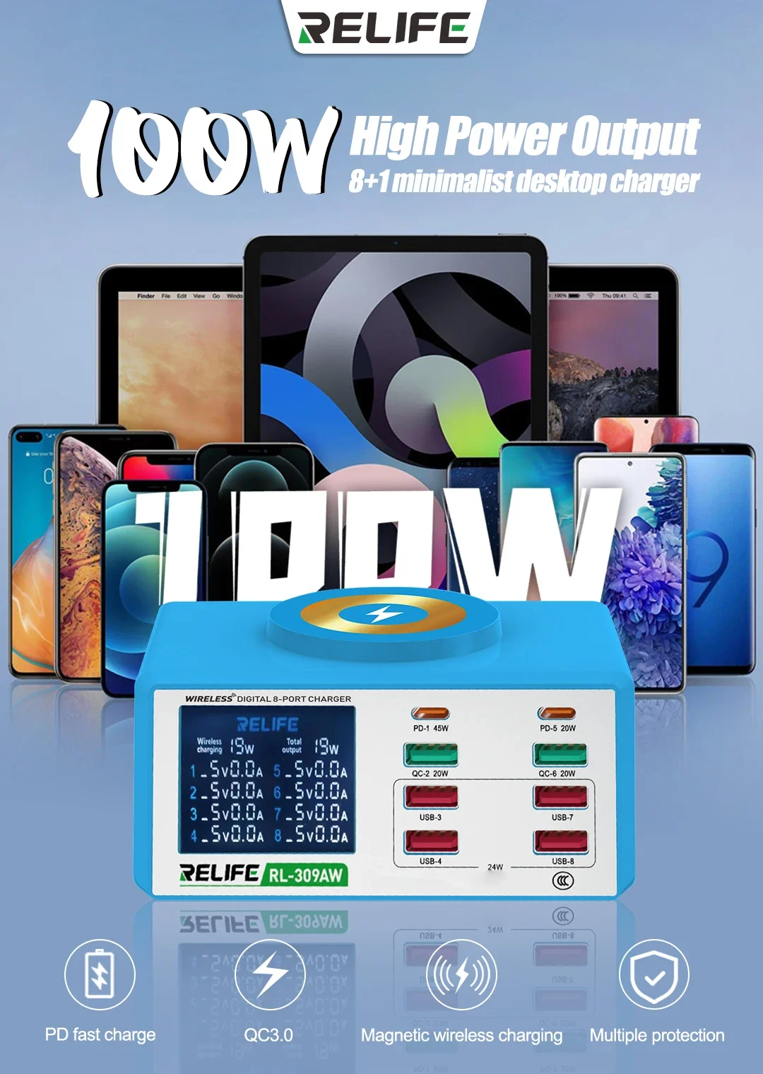 RELIFE RL-309AW Multifunction 8-port Charger for Mobile Phone with Short Circuit Repair Function Smart Wireless Fast Charging
RELIFE RL-309AW Multifunction 8-port Charger for Mobile Phone with Short Circuit Repair Function Smart Wireless Fast Charging