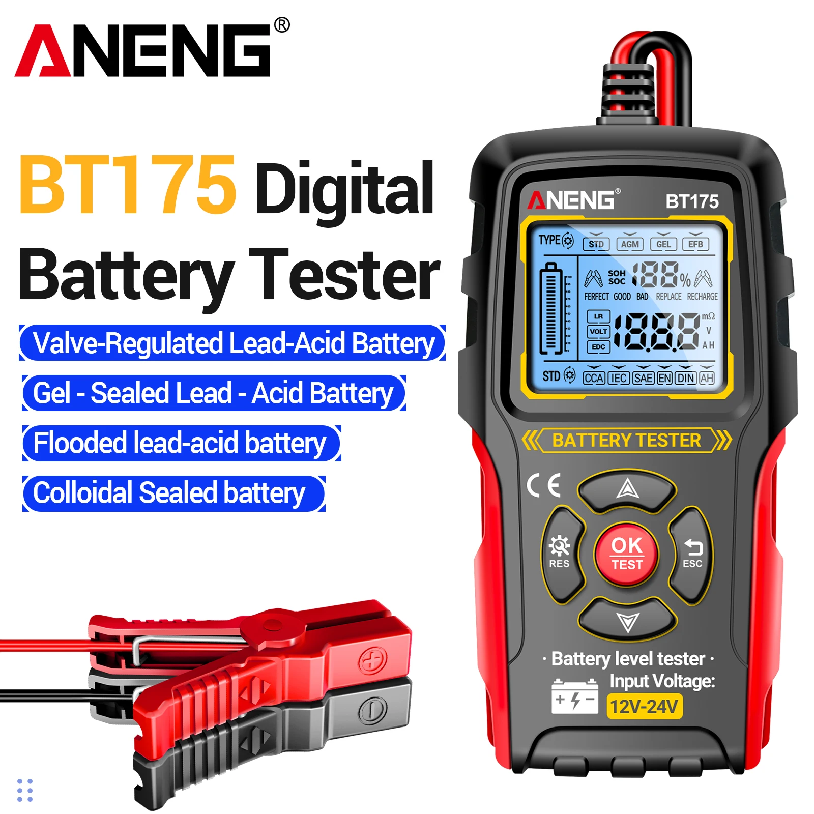 ANENG BT175 high-precision tester 12-24V battery voltage internal resistance capacity detection AGM/EFB/GEL battery analyzer
ANENG BT175 high-precision tester 12-24V battery voltage internal resistance capacity detection AGM/EFB/GEL battery analyzer