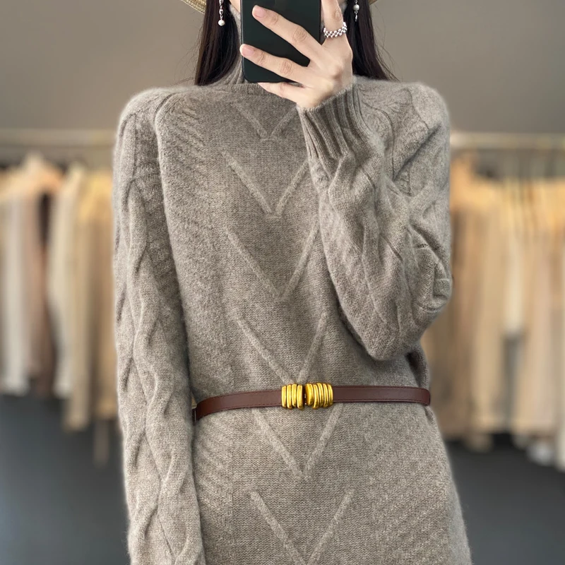 Casual Women's 100% Wool Long Knitted High Neck Sweater Long Sleeve Loose Women's Pullover 2022 Autumn Warm Women's Top
Casual Women's 100% Wool Long Knitted High Neck Sweater Long Sleeve Loose Women's Pullover 2022 Autumn Warm Women's Top