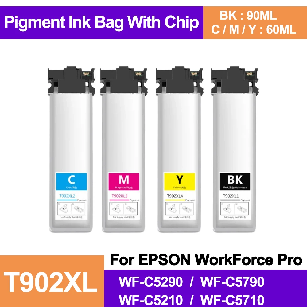 T902 902 XL T902XL Мешок с пигментными чернилами с чипом для Epson WorkForce Pro WF-C5290 WF-C5790 WF-C5210 WF-C5710
T902 902 XL T902XL Мешок с пигментными чернилами с чипом для Epson WorkForce Pro WF-C5290 WF-C5790 WF-C5210 WF-C5710