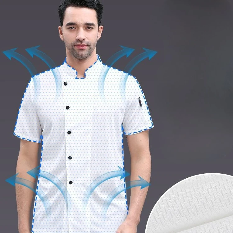 Summer Ice Silk Breathable Mesh Chef Coat Short Sleeve Lightweight Cooling Work Clothes for Restaurant Back Kitchen
Summer Ice Silk Breathable Mesh Chef Coat Short Sleeve Lightweight Cooling Work Clothes for Restaurant Back Kitchen