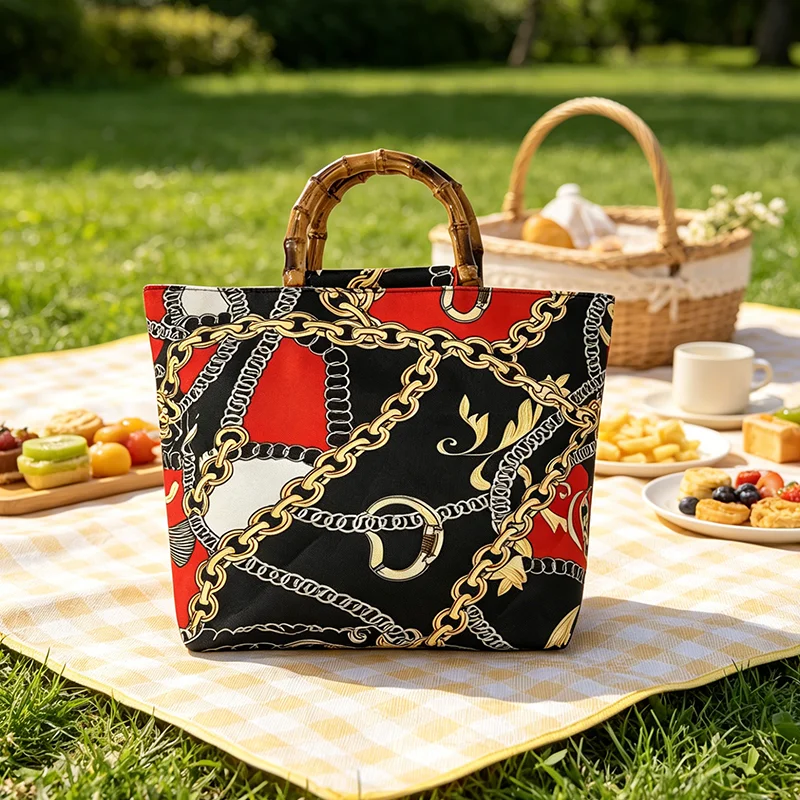 Vintage chain print faux bamboo handle tote bag, faux bamboo handle casual handbag, multi-functional bag for travel, shopping
Vintage chain print faux bamboo handle tote bag, faux bamboo handle casual handbag, multi-functional bag for travel, shopping