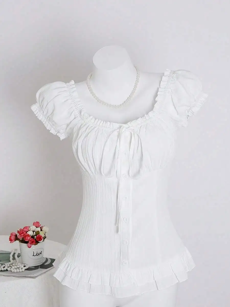 Women's White Ruffled Sleeve Button-Front Blouse with Tie Waist and Pleated Hem
Women's White Ruffled Sleeve Button-Front Blouse with Tie Waist and Pleated Hem