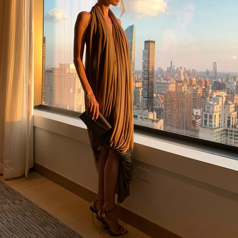 Women's Backless Holiday Dresses Irregular Pleated Design Slim Party Dress Sexy Sleeveless Solid Color Summer Long Dress
Women's Backless Holiday Dresses Irregular Pleated Design Slim Party Dress Sexy Sleeveless Solid Color Summer Long Dress