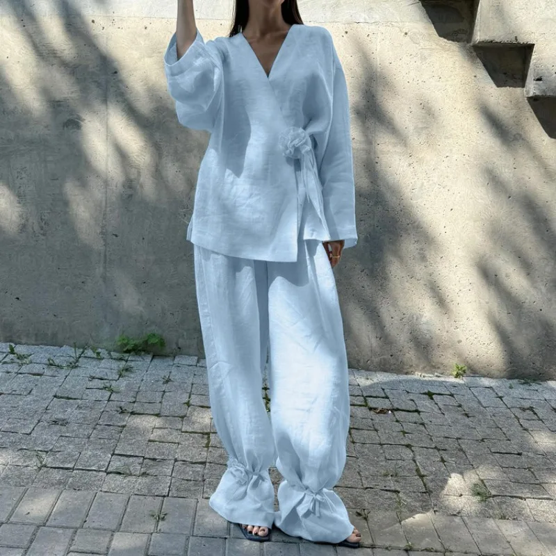 Elegant Women Linen 2 Piece Outfit V Neck Wrap Top + Loose Pants Set 2026 New Casual Summer Beachwear with Flower Decor
Elegant Women Linen 2 Piece Outfit V Neck Wrap Top + Loose Pants Set 2026 New Casual Summer Beachwear with Flower Decor