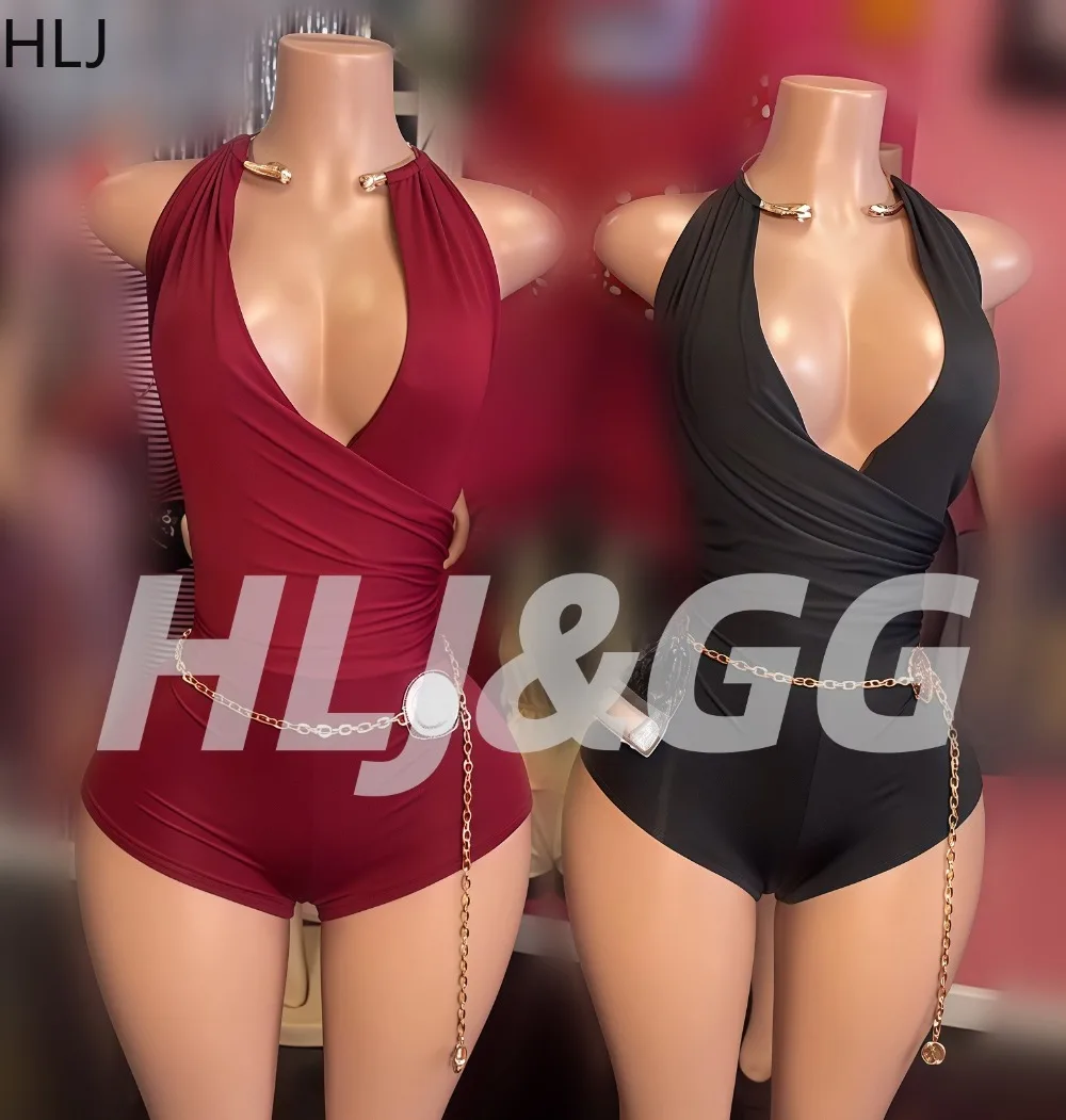 HLJ Sexy Halter Deep V Backless Bodycon Romper for Women Gold Chain Belt Decor Sleeveless High Waist Short Jumpsuit Club Night
HLJ Sexy Halter Deep V Backless Bodycon Romper for Women Gold Chain Belt Decor Sleeveless High Waist Short Jumpsuit Club Night