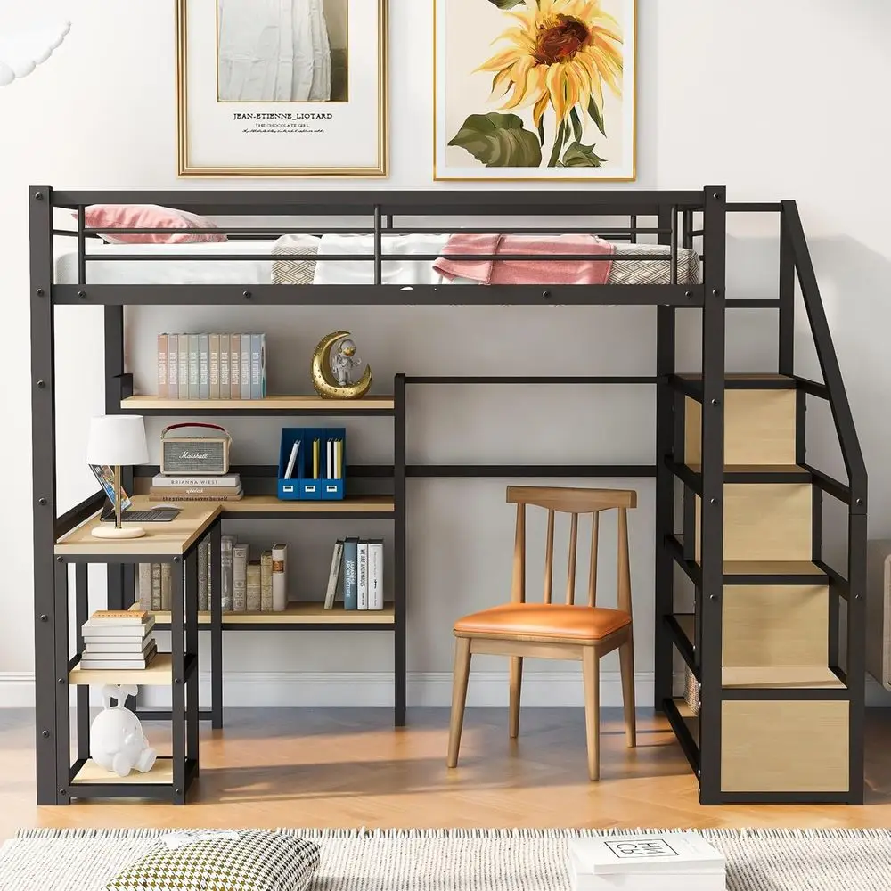 Heavy-Duty Metal Loft Bed with Desk, Shelves, Staircase, and Guardrails for Kids' Rooms
Heavy-Duty Metal Loft Bed with Desk, Shelves, Staircase, and Guardrails for Kids' Rooms