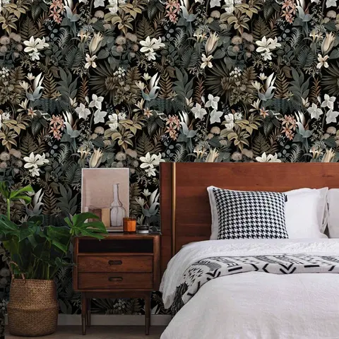 1/2 pcs Dark Retro Floral Plant Wallpaper Cabinet Study Wall Art Office Decal Bedroom Living Home Decor Self-adhesive Waterproof
