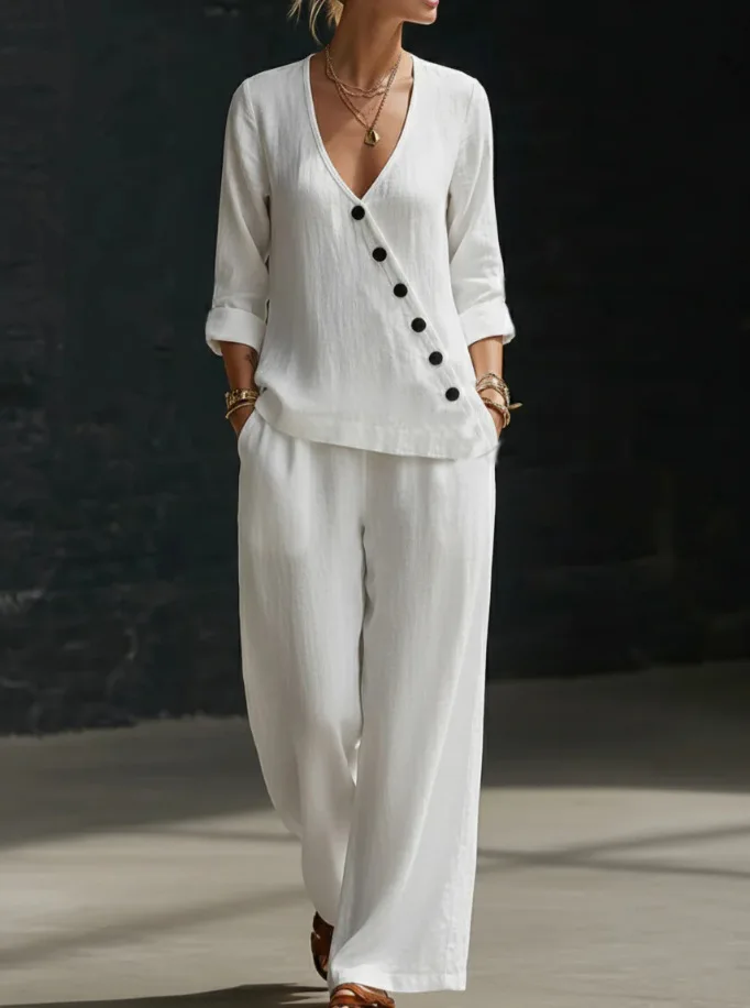 Fashion V-neck Tops Long Pant Set Women Summer Trousers Suit Blouse Button Vacation Simple Loose Wide-leg Trousers 2 Piece Set
Fashion V-neck Tops Long Pant Set Women Summer Trousers Suit Blouse Button Vacation Simple Loose Wide-leg Trousers 2 Piece Set