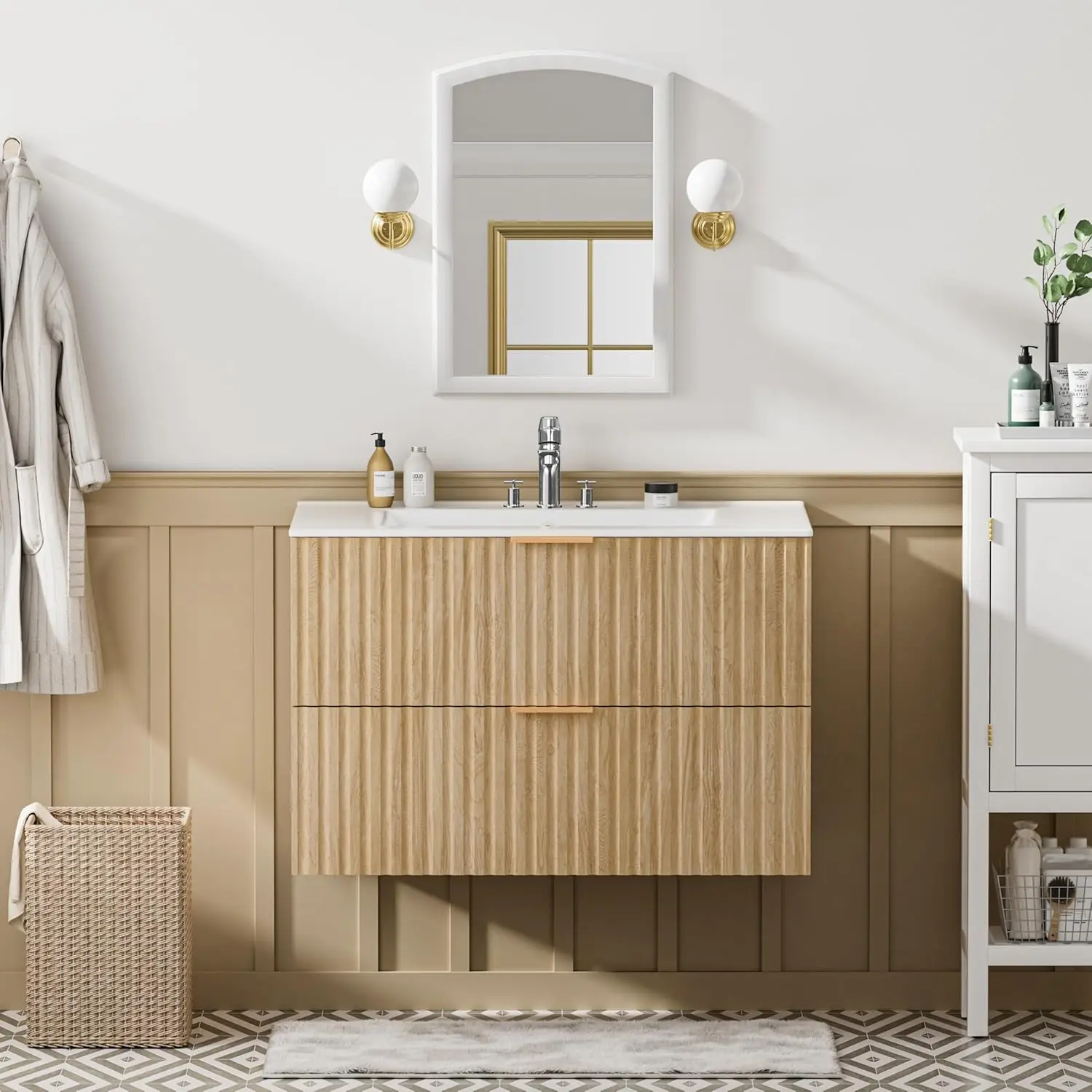 30" Floating Bathroom Vanity with Extra Large Fluted Drawer Metal Handle Ceramic Sink Wall Mount Storage Cabinet Oak, Customized
30" Floating Bathroom Vanity with Extra Large Fluted Drawer Metal Handle Ceramic Sink Wall Mount Storage Cabinet Oak, Customized