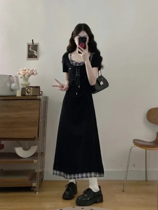 plus Size Plaid Splice Belted Summer New Design Slimming Effect Black Dress Korean Style A-Line Skirt High Waist Short Sleeve
plus Size Plaid Splice Belted Summer New Design Slimming Effect Black Dress Korean Style A-Line Skirt High Waist Short Sleeve