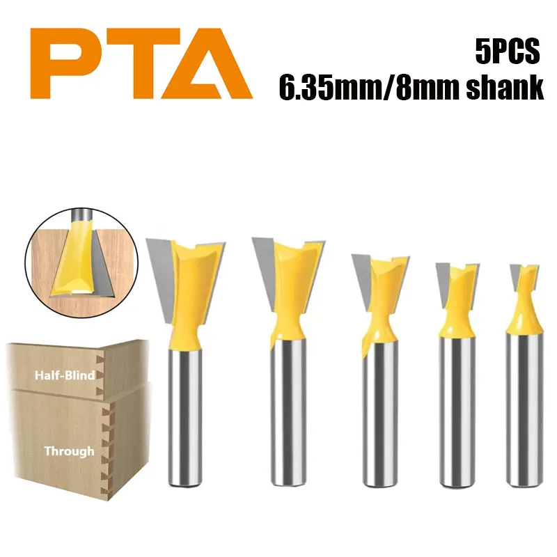 5pcs 6.35mm/8mm Shank Dovetail Joint Router Bits Set 14 Degree Woodworking Engraving Bit Milling Cutter for Wood
5pcs 6.35mm/8mm Shank Dovetail Joint Router Bits Set 14 Degree Woodworking Engraving Bit Milling Cutter for Wood
