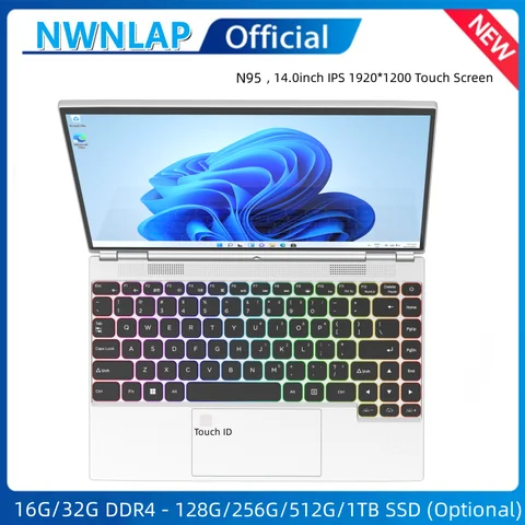laptop N95 office business 14-inch IPS Touch screen computer tablet notebook 32G  512GB/1TB SSD RGB Keyboard WINDOWS 11 TOUCH ID