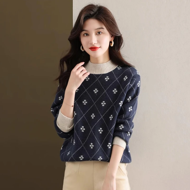New Women Half High Collar Sweater Autumn Winter Fashion Contrast Color Long Sleeve Knitted Pullover Tops Casual Loose Sweater
New Women Half High Collar Sweater Autumn Winter Fashion Contrast Color Long Sleeve Knitted Pullover Tops Casual Loose Sweater
