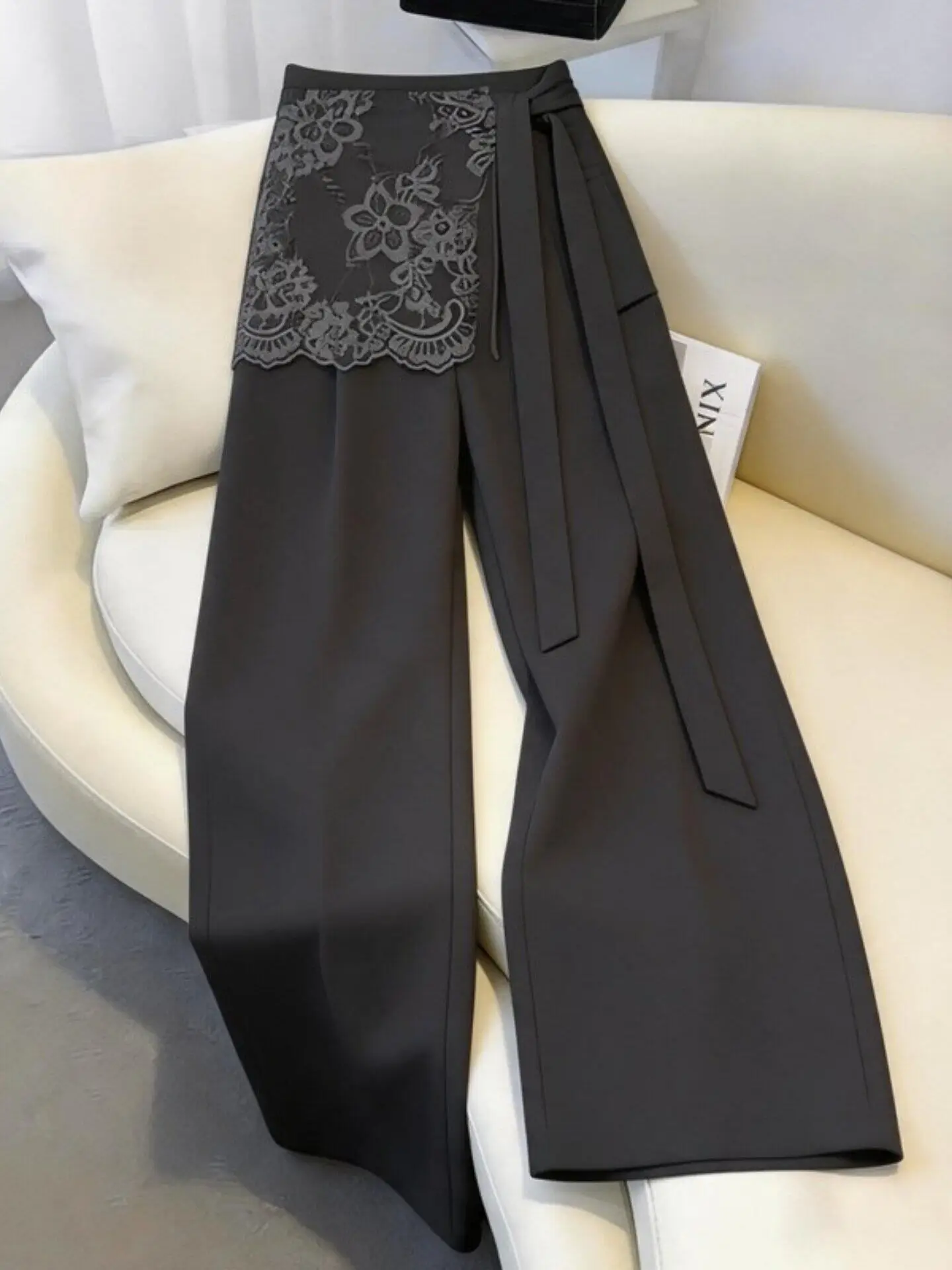 Gray Lace Splicing Wide Leg Pants Suit High Waist Slimming Casual Straight Floor-Length Trousers for Women Summer 2026
Gray Lace Splicing Wide Leg Pants Suit High Waist Slimming Casual Straight Floor-Length Trousers for Women Summer 2026