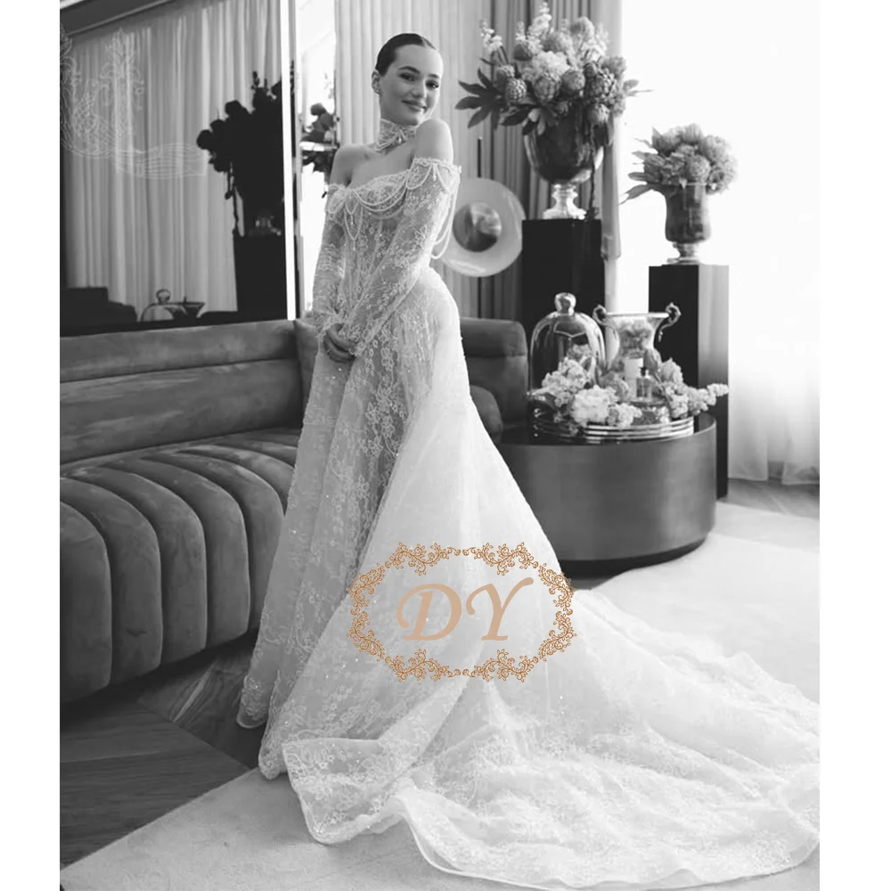 DY Luxury Sequined Lace A-Line Wedding Dress Sweetheart Neck Pearls Off Shoulder Bridal Gown Customized Vestido De Noiva
DY Luxury Sequined Lace A-Line Wedding Dress Sweetheart Neck Pearls Off Shoulder Bridal Gown Customized Vestido De Noiva