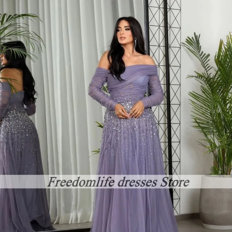 Lavender Evening Dresses Luxury Beading Crystal Modest Off The Shoulder Wedding Party Dress Long Sleeve Prom Gowns Customized
Lavender Evening Dresses Luxury Beading Crystal Modest Off The Shoulder Wedding Party Dress Long Sleeve Prom Gowns Customized