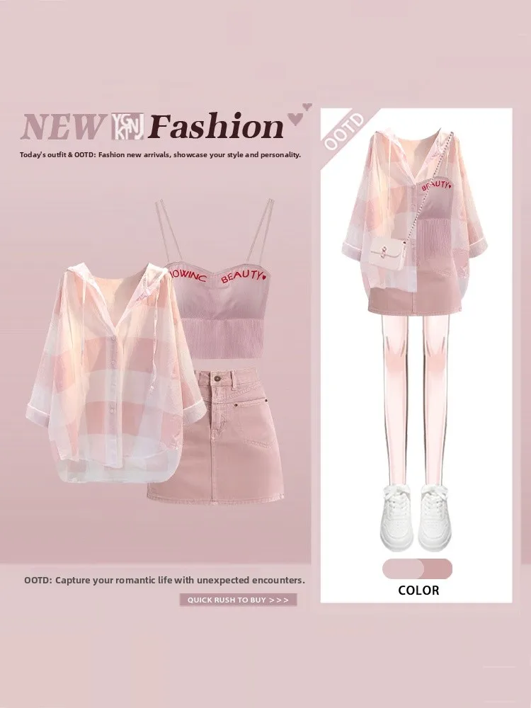 Summer Pink Dopaamine Plaid Loose Shirt Letter Vest Bodycon Short Skirt Three Piece Set Women's Fashion Outfit Casual Ensemble
Summer Pink Dopaamine Plaid Loose Shirt Letter Vest Bodycon Short Skirt Three Piece Set Women's Fashion Outfit Casual Ensemble