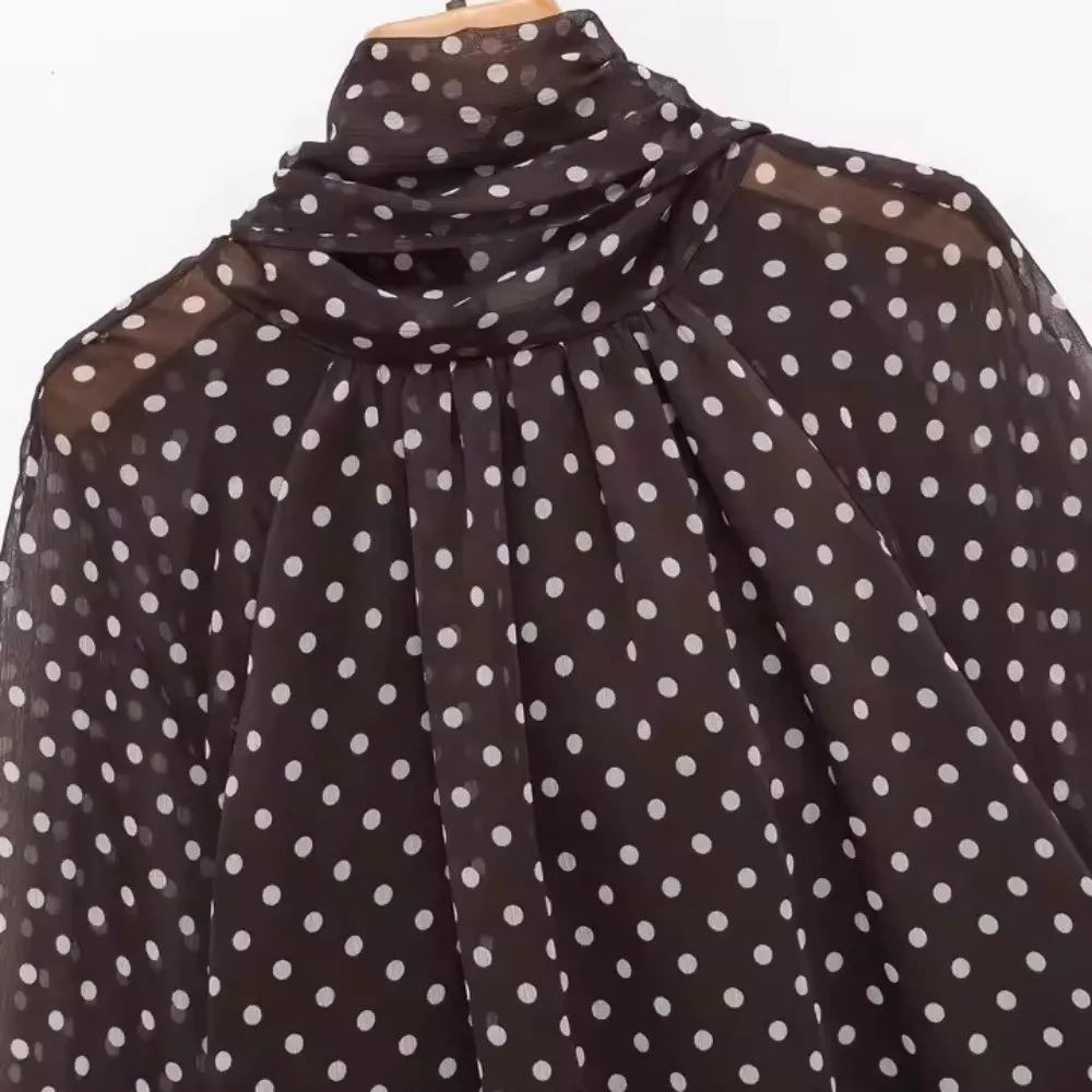 Casual Lantern Sleeve Polka Dot Shirt Pleated Loose Fit Lace Up Blouse Long Sleeve Breathable Chiffon Blouses Office Lady
Casual Lantern Sleeve Polka Dot Shirt Pleated Loose Fit Lace Up Blouse Long Sleeve Breathable Chiffon Blouses Office Lady