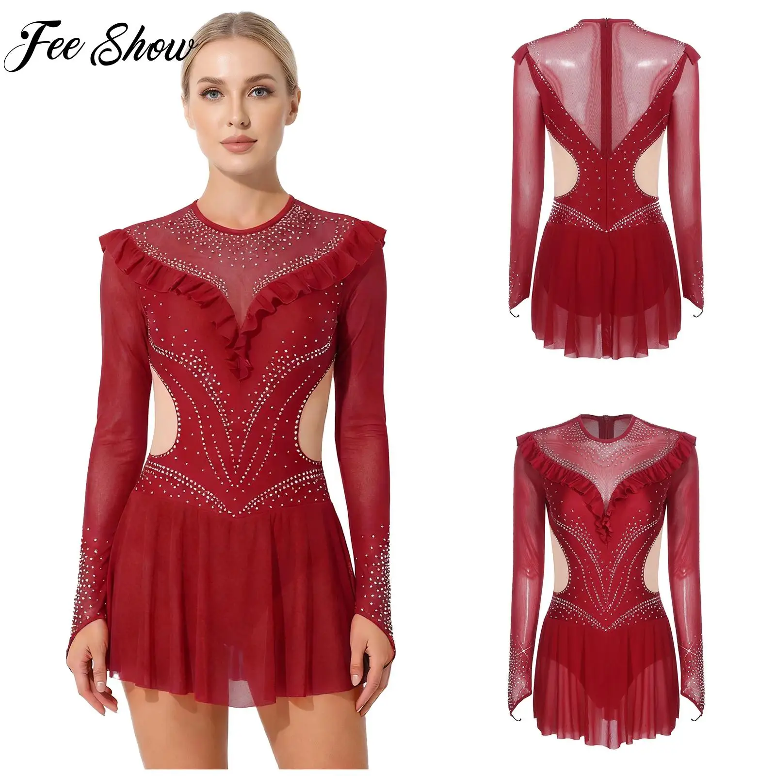 Womens Adult Latin Dance Figure Ice Skating Leotard Dress Rhinestone Mesh Ruffled Trims Jumpsuit Performance Competition Costume
Womens Adult Latin Dance Figure Ice Skating Leotard Dress Rhinestone Mesh Ruffled Trims Jumpsuit Performance Competition Costume