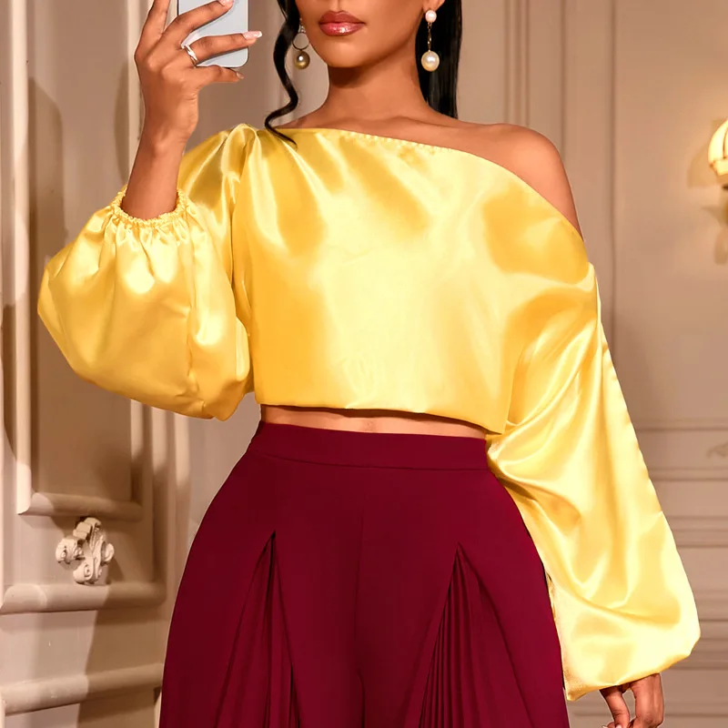 New Satin Off-shoulder Top With Loose Puff Sleeves, Stylish And Elegant Short Party Blouse
New Satin Off-shoulder Top With Loose Puff Sleeves, Stylish And Elegant Short Party Blouse