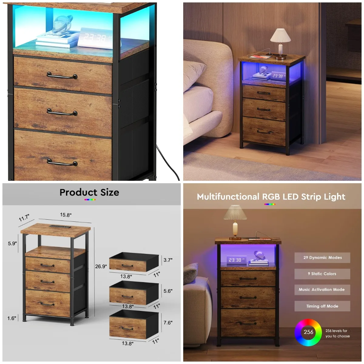 Nightstand with Charging Station, LED Bedside Table with Drawers, Rustic Brown Steel Frame, 3-Drawer Storage for Small Bedroom
Nightstand with Charging Station, LED Bedside Table with Drawers, Rustic Brown Steel Frame, 3-Drawer Storage for Small Bedroom