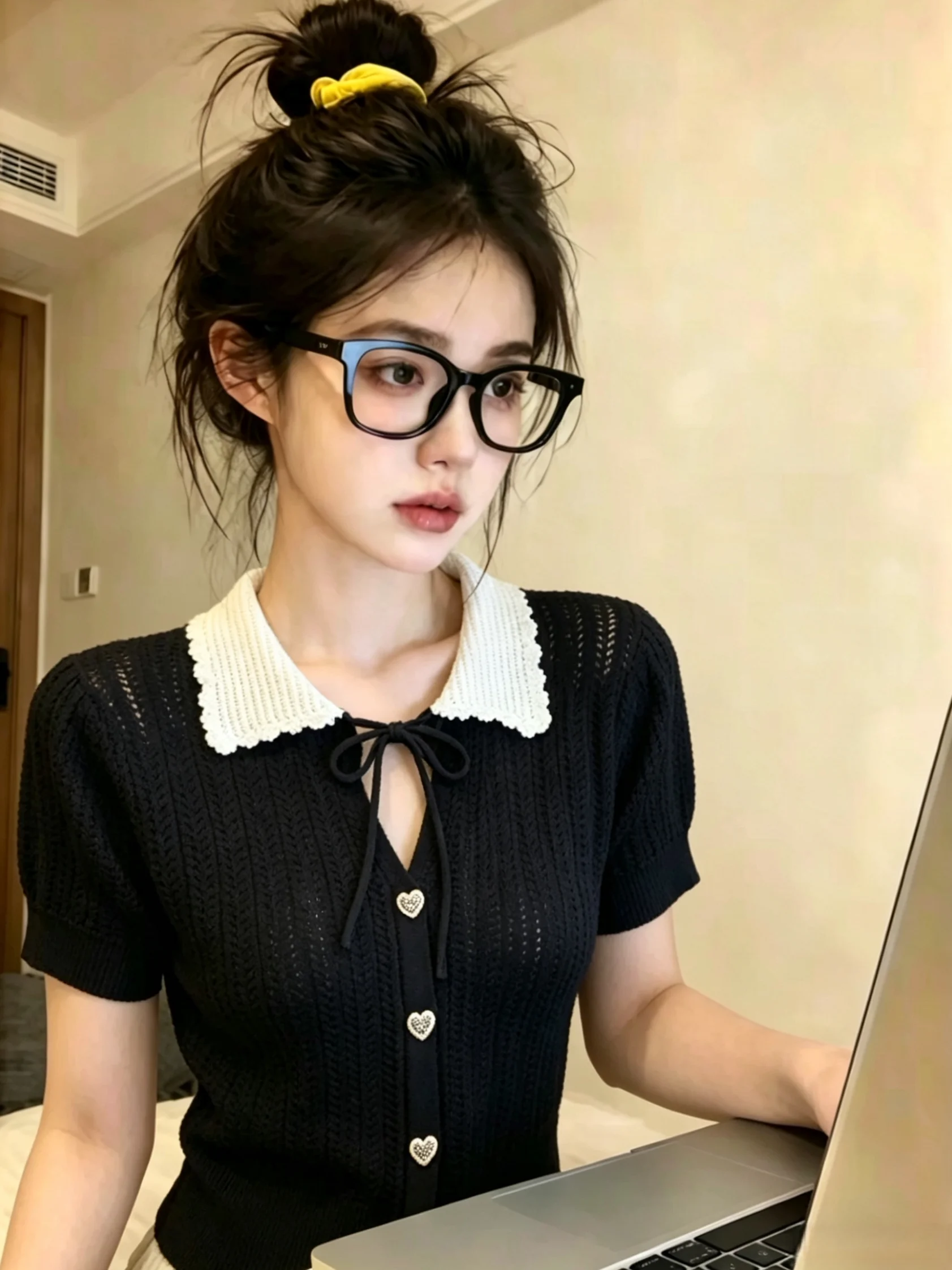 Elegant Knitted Neck Top Women's Summer New Style Self-Kept Hollow out Bow Tie Chic Silk Fabric Short Sleeve Pure Color
Elegant Knitted Neck Top Women's Summer New Style Self-Kept Hollow out Bow Tie Chic Silk Fabric Short Sleeve Pure Color