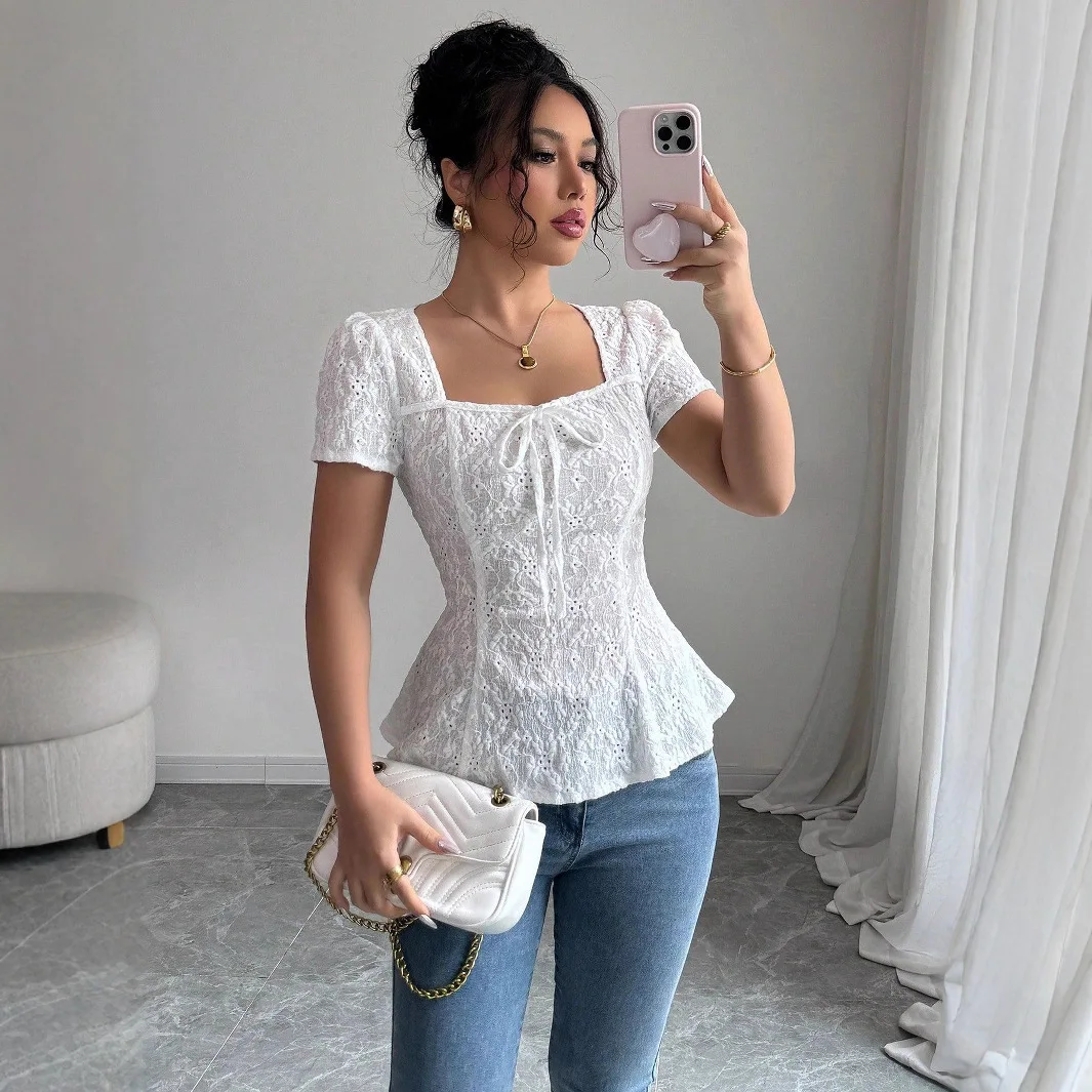 European American Cross-Border Women's Clothing Summer Fashion Elegant Casual Lace Shirt With Square Collar And Bow Short-Sleeve
European American Cross-Border Women's Clothing Summer Fashion Elegant Casual Lace Shirt With Square Collar And Bow Short-Sleeve