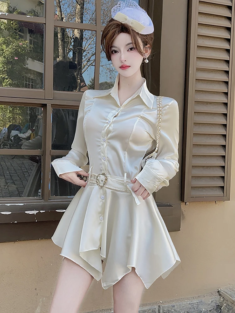 2026 White Satin Long Sleeve Polo Collar Shirt Dress Women Elegant Chic Bandage Bodycon Dress Spring Autumn Korean Casual Dress
2026 White Satin Long Sleeve Polo Collar Shirt Dress Women Elegant Chic Bandage Bodycon Dress Spring Autumn Korean Casual Dress